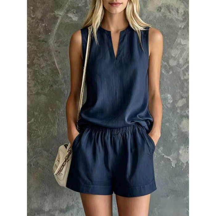 Casual Commuter Cotton-Linen V-Neck Sleeveless Top And Shorts Two-Piece Set by Ricaloux