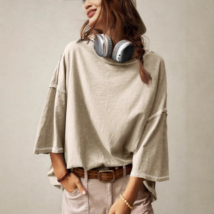 Casual Crew-neck Solid-color Versatile Long-sleeve Pullover T-shirt by Ricaloux