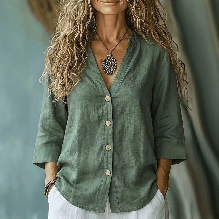 Casual Loose-fit V-neck Button-up Womens Linen Shirt – Premium 0 | RICALOUX