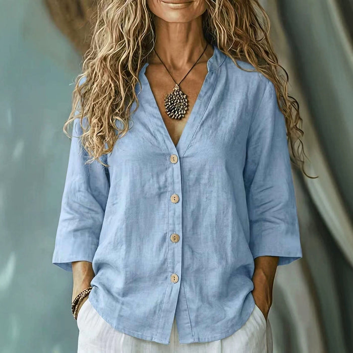 Casual Loose-fit V-neck Button-up Womens Linen Shirt – Premium 0 | RICALOUX