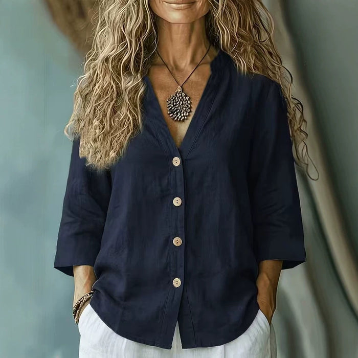 Casual Loose-fit V-neck Button-up Womens Linen Shirt – Premium 0 | RICALOUX