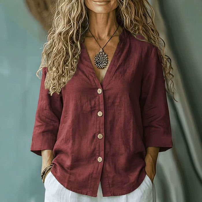 Casual Loose-fit V-neck Button-up Womens Linen Shirt – Premium 0 | RICALOUX