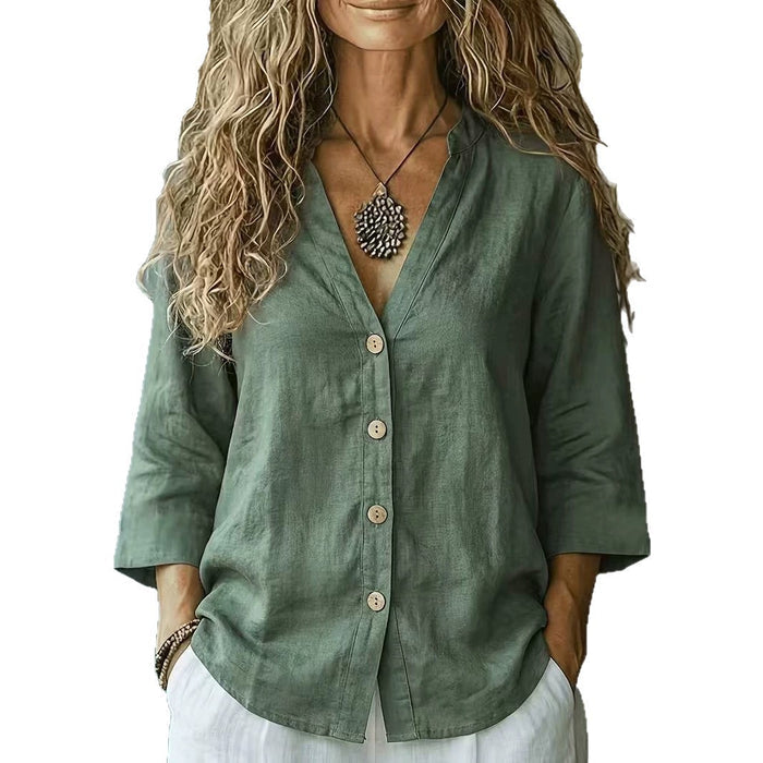 Casual Loose-fit V-neck Button-up Womens Linen Shirt – Premium 0 | RICALOUX