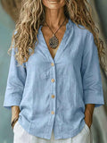 Casual Loose-fit V-neck Button-up Womens Linen Shirt – Premium 0 | RICALOUX
