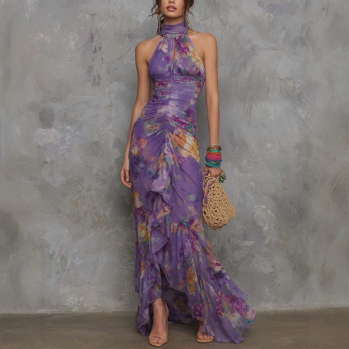 Casual Scoop-neck Low-cut Off-shoulder Colorful-printed Asymmetrical Wrap Dress by Ricaloux