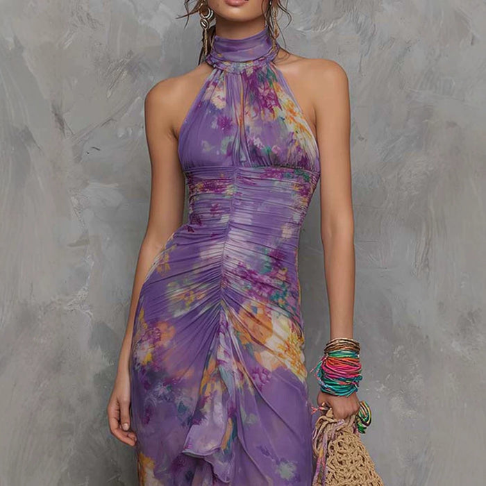 Casual Scoop-neck Low-cut Off-shoulder Colorful-printed Asymmetrical Wrap Dress by Ricaloux