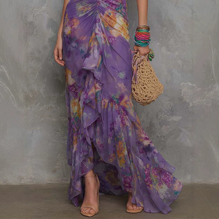 Casual Scoop-neck Low-cut Off-shoulder Colorful-printed Asymmetrical Wrap Dress by Ricaloux