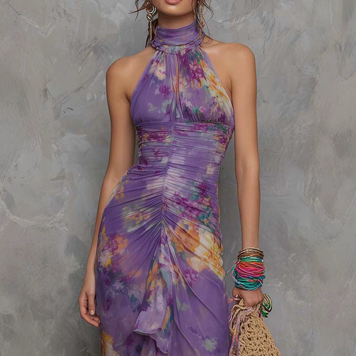 Casual Scoop-neck Low-cut Off-shoulder Colorful-printed Asymmetrical Wrap Dress by Ricaloux