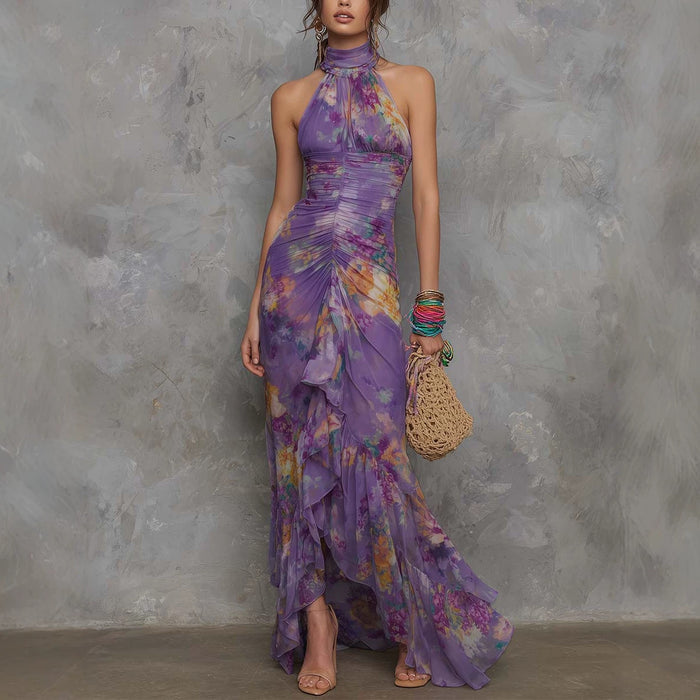 Casual Scoop-neck Low-cut Off-shoulder Colorful-printed Asymmetrical Wrap Dress by Ricaloux