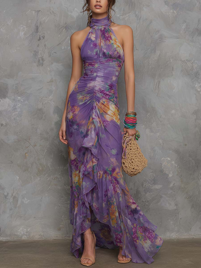 Casual Scoop-neck Low-cut Off-shoulder Colorful-printed Asymmetrical Wrap Dress by Ricaloux