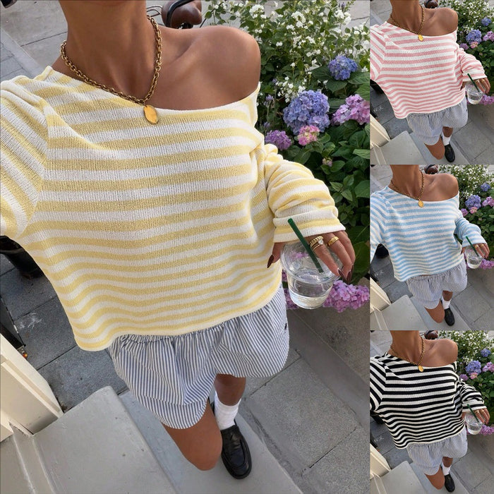 Casual Short-length Striped Knit Top With Long Sleeve by Ricaloux