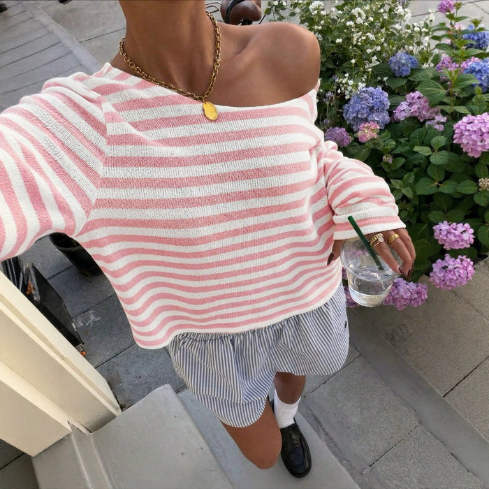 Casual Short-length Striped Knit Top With Long Sleeve by Ricaloux