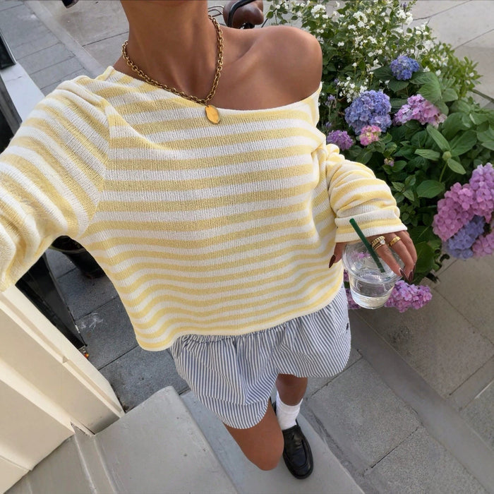 Casual Short-length Striped Knit Top With Long Sleeve by Ricaloux