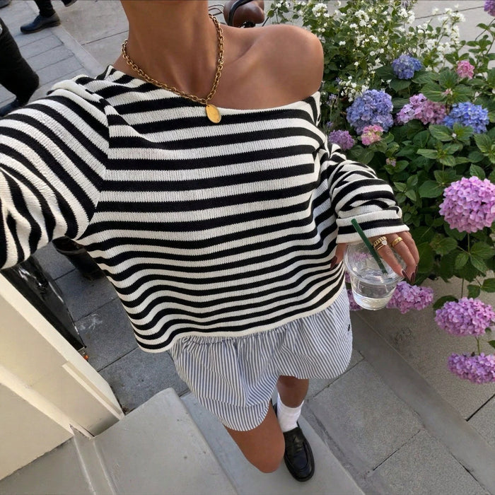 Casual Short-length Striped Knit Top With Long Sleeve by Ricaloux