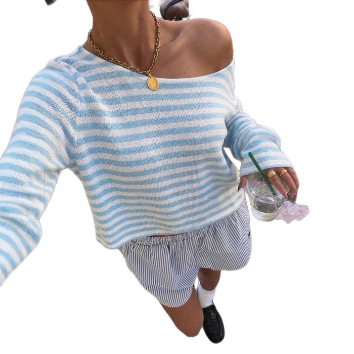 Casual Short-length Striped Knit Top With Long Sleeve by Ricaloux