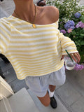Casual Short-length Striped Knit Top With Long Sleeve by Ricaloux