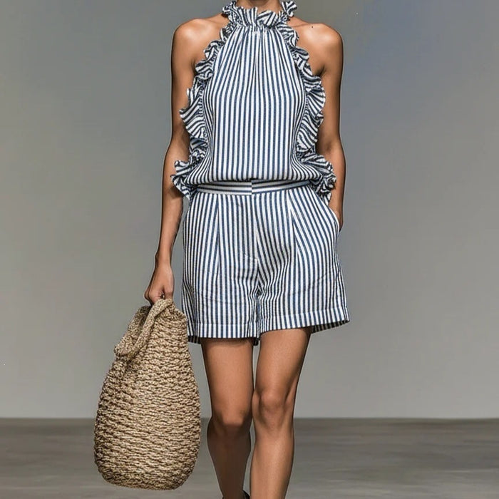 Casual Sleeveless Striped Lace T-shirt Top And Shorts by Ricaloux