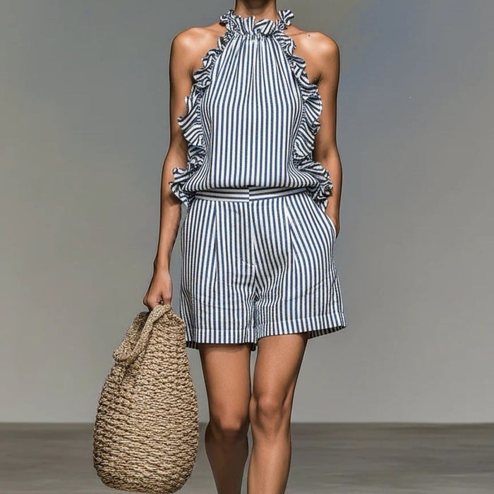 Casual Sleeveless Striped Lace T-shirt Top And Shorts by Ricaloux