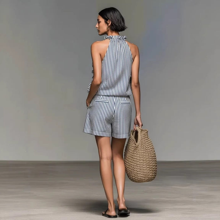 Casual Sleeveless Striped Lace T-shirt Top And Shorts by Ricaloux