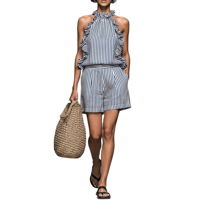 Casual Sleeveless Striped Lace T-shirt Top And Shorts by Ricaloux