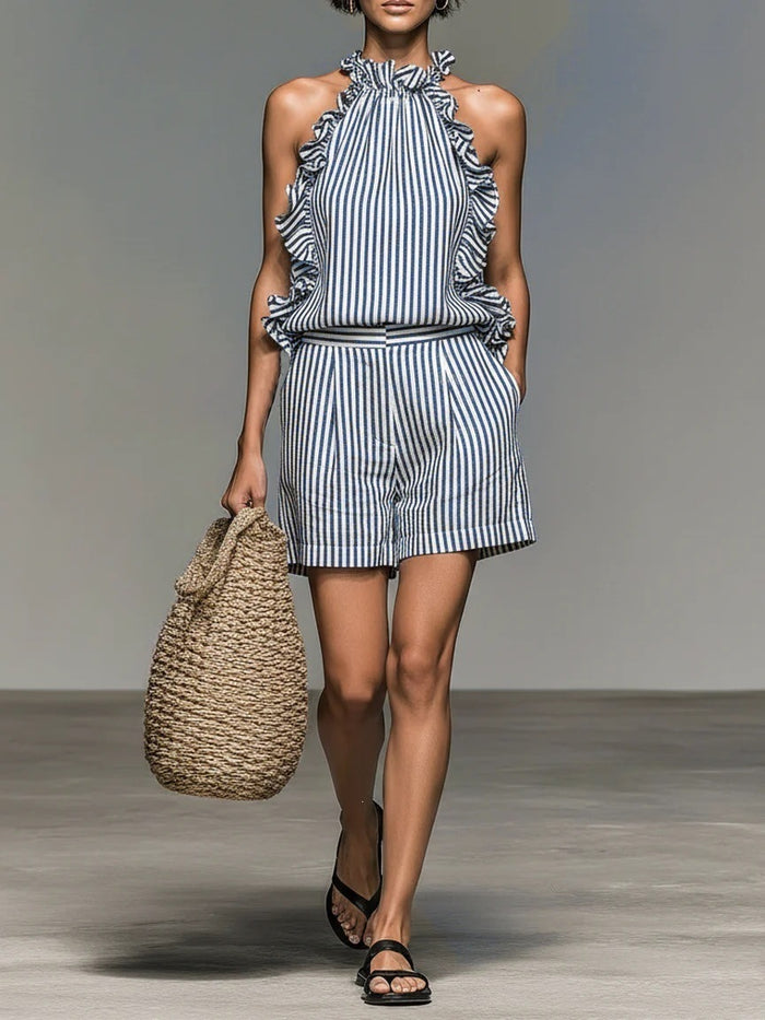 Casual Sleeveless Striped Lace T-shirt Top And Shorts by Ricaloux