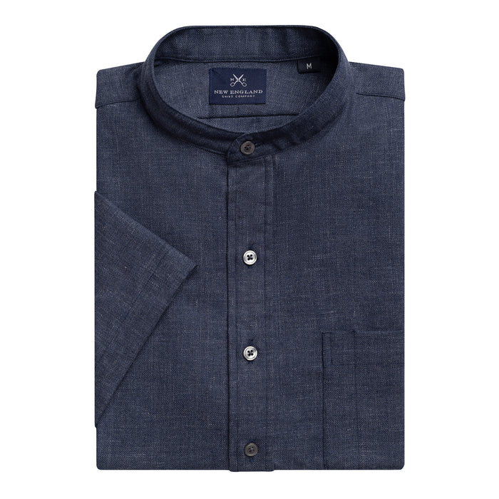 CHAMBRAY BANDED COLLAR SHORT SLEEVE POPOVER SHIRT - NAVY