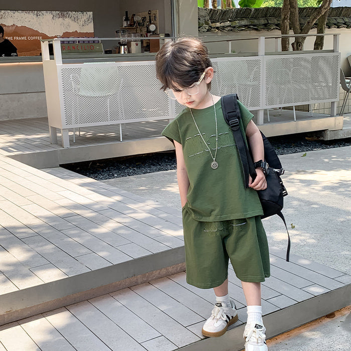 Children's Summer Clothing Boys Sleeveless Vest Outer Wear Shorts Two-piece Set by Ricaloux