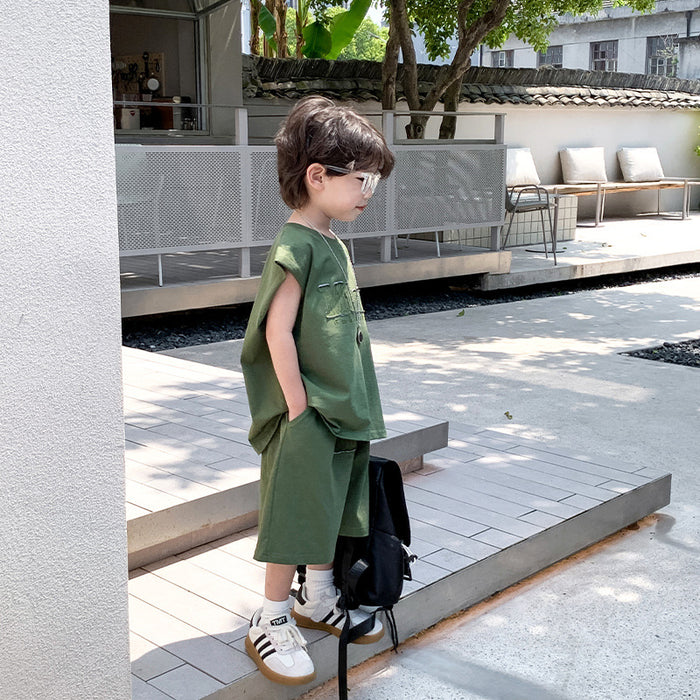 Children's Summer Clothing Boys Sleeveless Vest Outer Wear Shorts Two-piece Set by Ricaloux