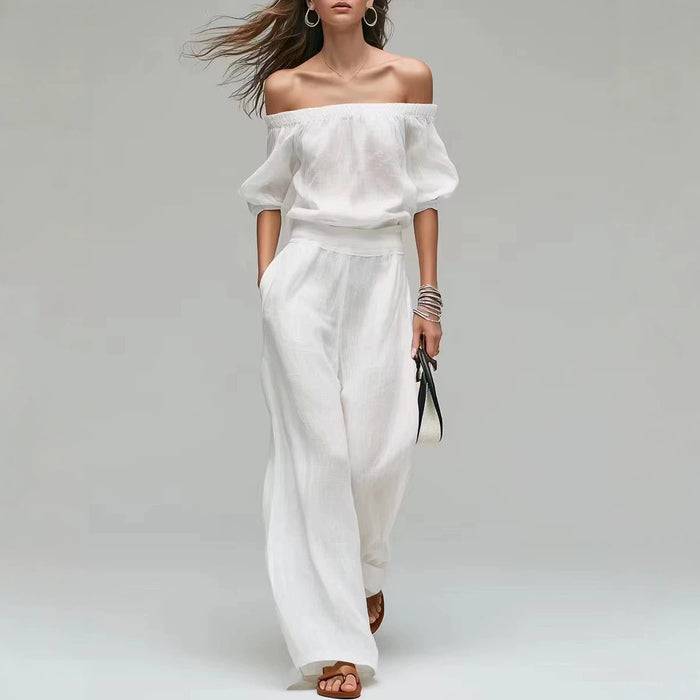 Cinched-top Blouse And Linen-textured Wide-leg Pants Set – Premium 0 | RICALOUX