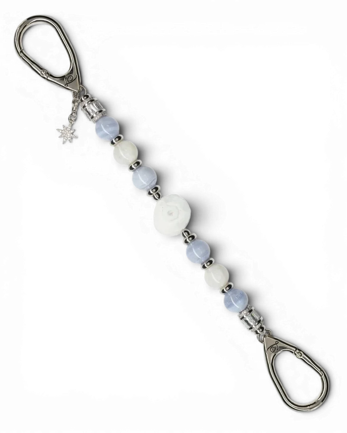 LD Keyfinder Cloud Dancer beaded accessory with blue lace agate, rainbow moonstone, druzy agate, and a star charm.