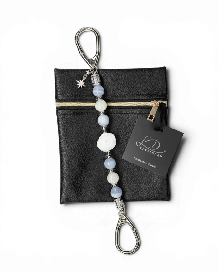LD Keyfinder Cloud Dancer beaded key chain with blue lace agate, moonstone, druzy agate, and a star charm on a pouch.