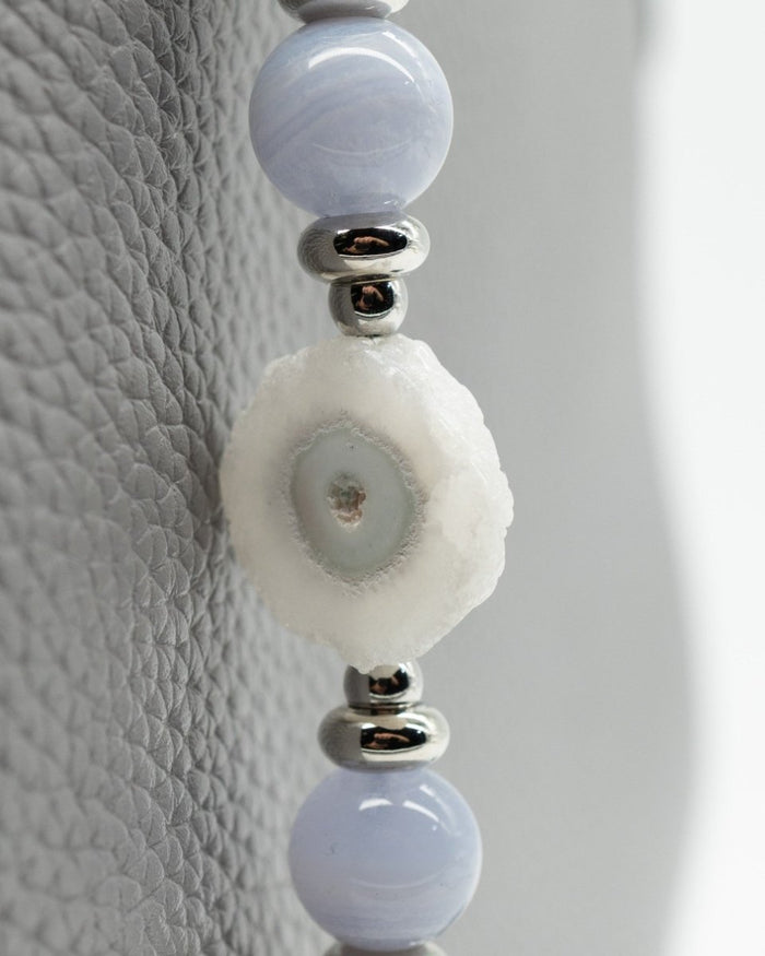 LD Keyfinder Cloud Dancer accessory featuring blue lace agate, rainbow moonstone beads, and a druzy agate slice.