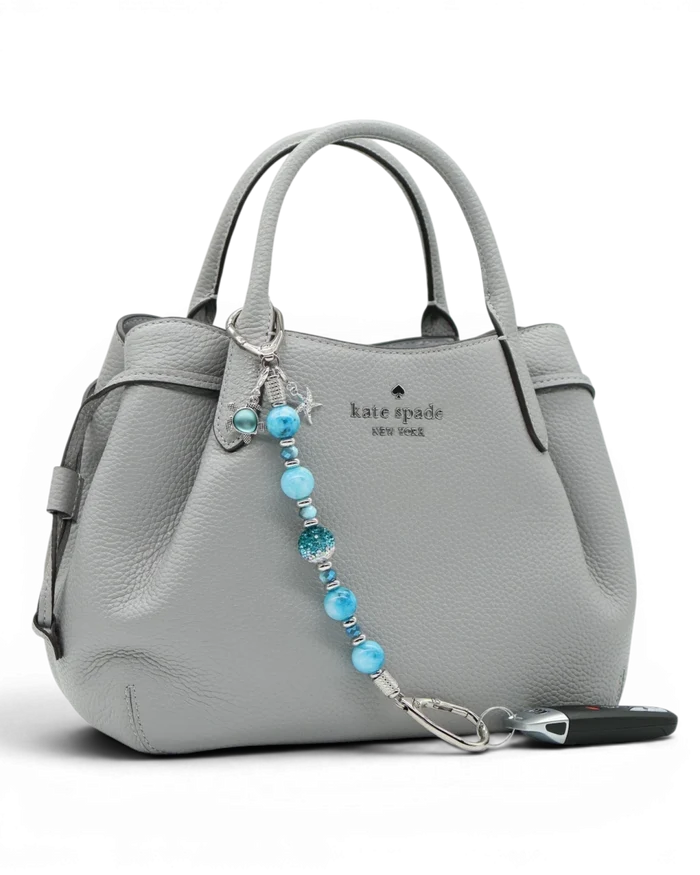 LD Keyfinder Coastal Tide keychain with aqua hemimorphite beads, Austrian crystal, turtle and starfish charms.