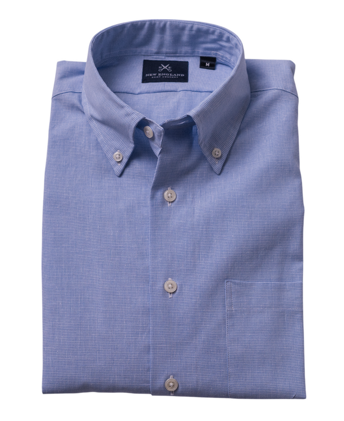 COTTON LINEN BUTTON DOWN SPORT SHIRT - BLUE MICRO CHECK