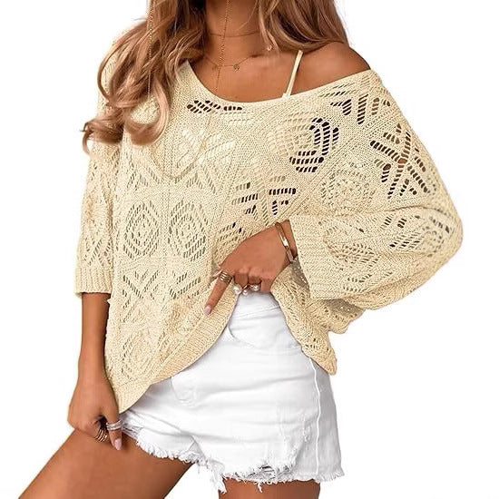 Crochet Hollowed-Out Three-Quarter-Sleeve Pullover Sweater – Premium 0 | RICALOUX