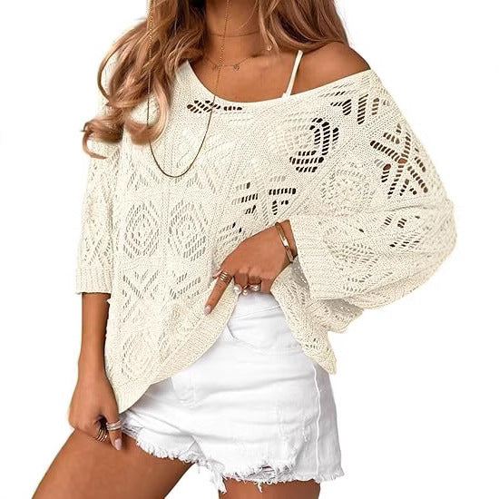 Crochet Hollowed-Out Three-Quarter-Sleeve Pullover Sweater – Premium 0 | RICALOUX