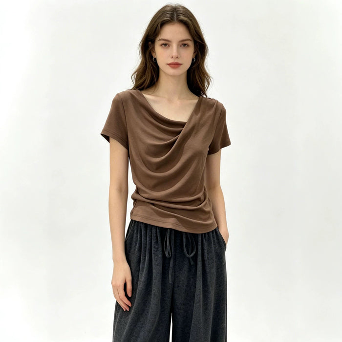 Design-focused Asymmetrical Boat-neck Short-sleeve T-shirt For Women – Premium 0 | RICALOUX