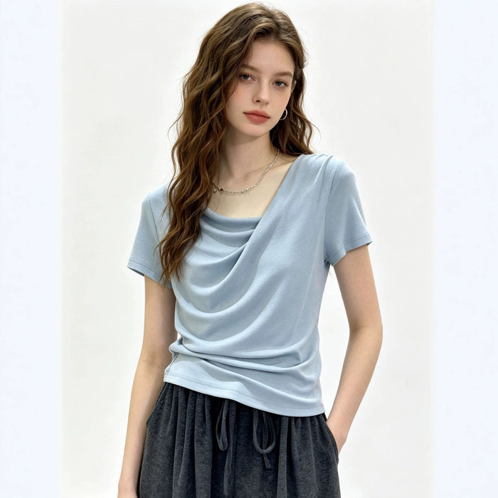 Design-focused Asymmetrical Boat-neck Short-sleeve T-shirt For Women – Premium 0 | RICALOUX