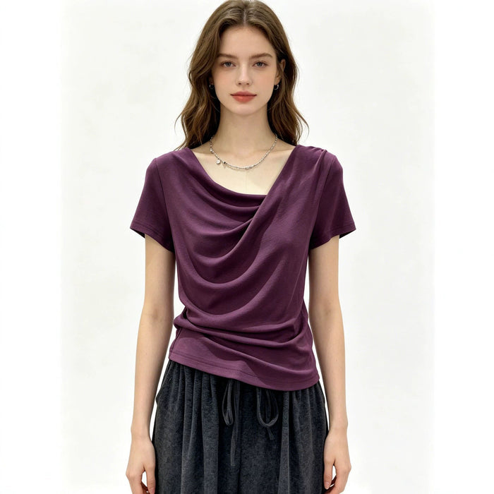 Design-focused Asymmetrical Boat-neck Short-sleeve T-shirt For Women – Premium 0 | RICALOUX