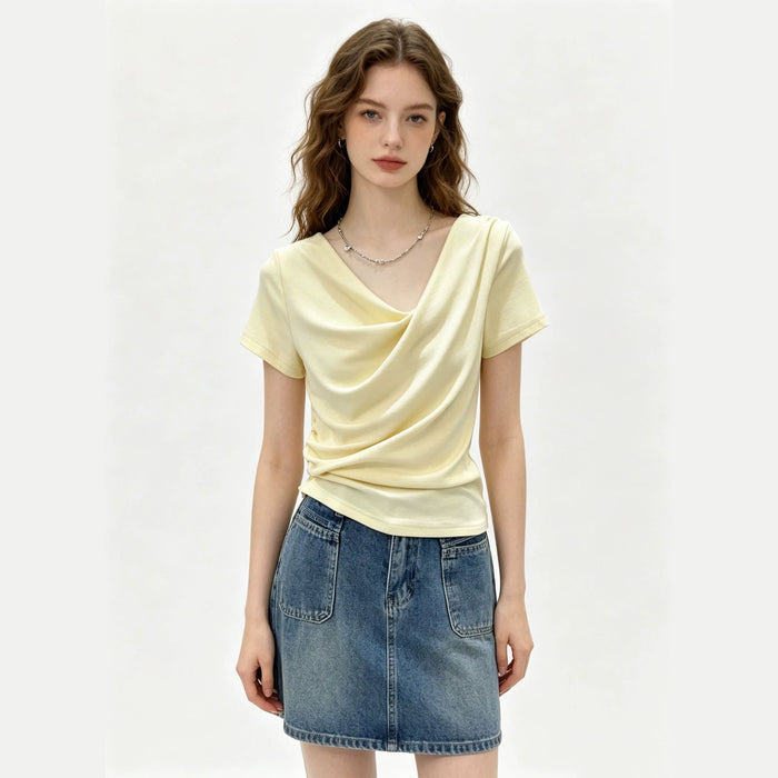 Design-focused Asymmetrical Boat-neck Short-sleeve T-shirt For Women – Premium 0 | RICALOUX