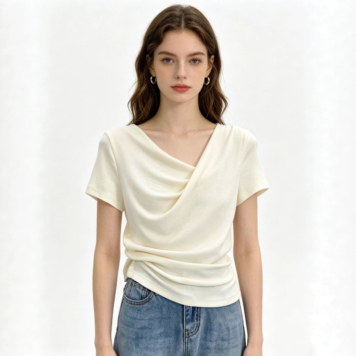 Design-focused Asymmetrical Boat-neck Short-sleeve T-shirt For Women – Premium 0 | RICALOUX