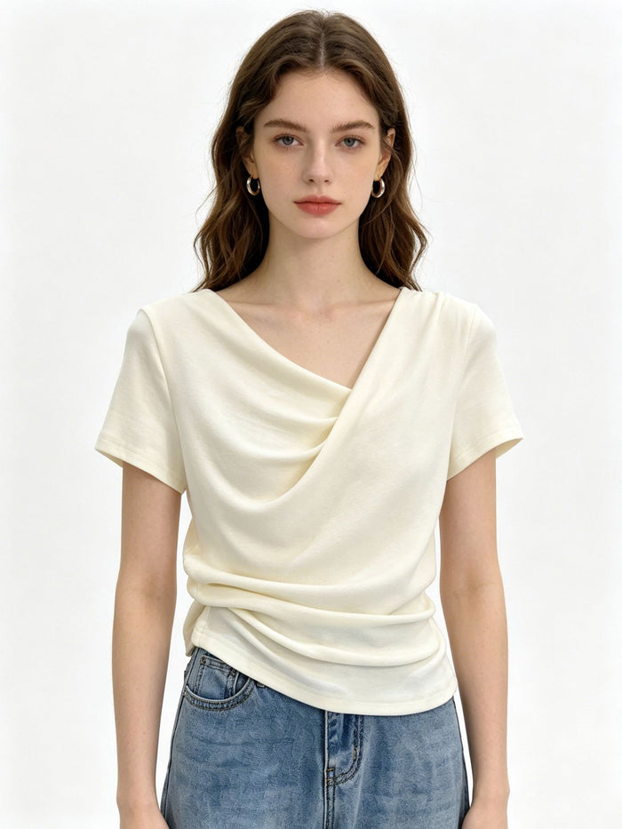 Design-focused Asymmetrical Boat-neck Short-sleeve T-shirt For Women – Premium 0 | RICALOUX