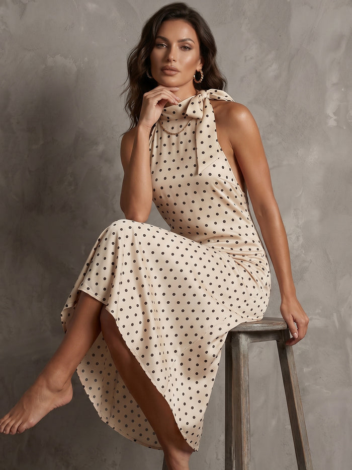 Designer-style Polka-dot Sleeveless Halter-neck Dress For Women – Premium 0 | RICALOUX