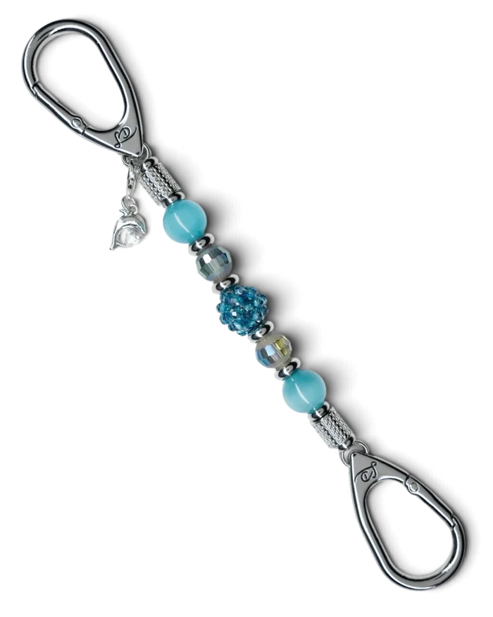 LD Keyfinder Dolphin Dream Mini featuring aqua cat's eye beads, woven glass, and a rhinestone dolphin charm.