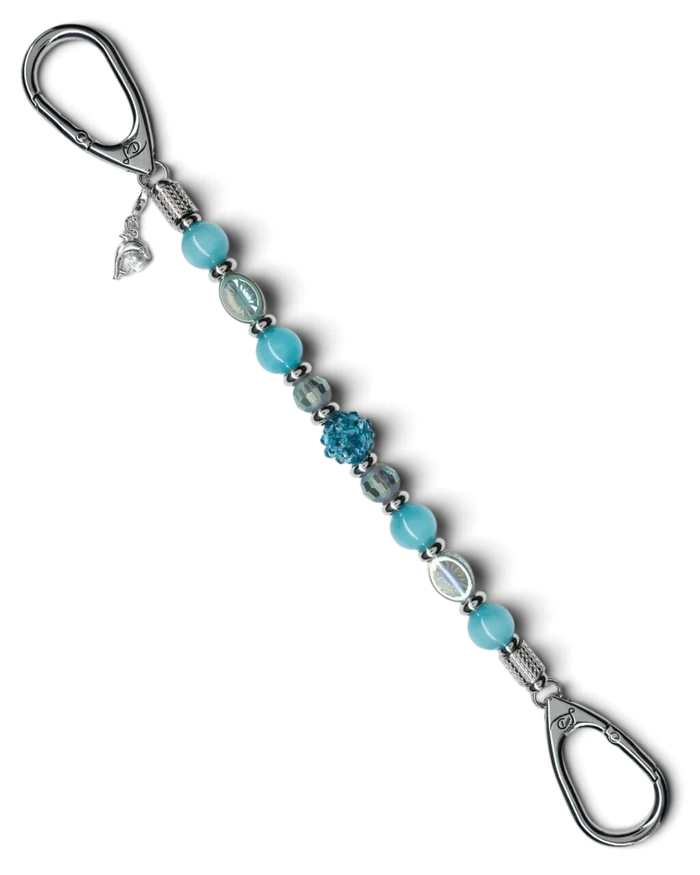 LD Keyfinder Dolphin Dream beaded key finder with aqua glass beads and a rhinestone dolphin charm.
