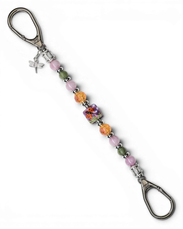 LD Keyfinder Dragonfly Magic keychain with purple lepidolite, green jade, orange glass beads, and rhinestone charm.