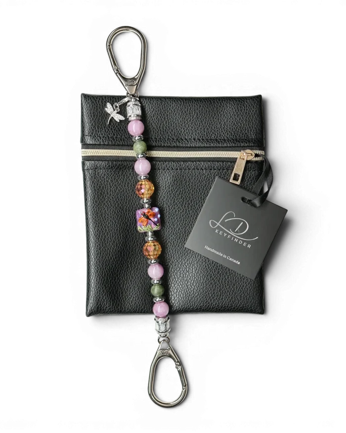 LD Keyfinder Dragonfly Magic keychain with purple lepidolite, green jade, and orange glass beads, and a rhinestone charm.