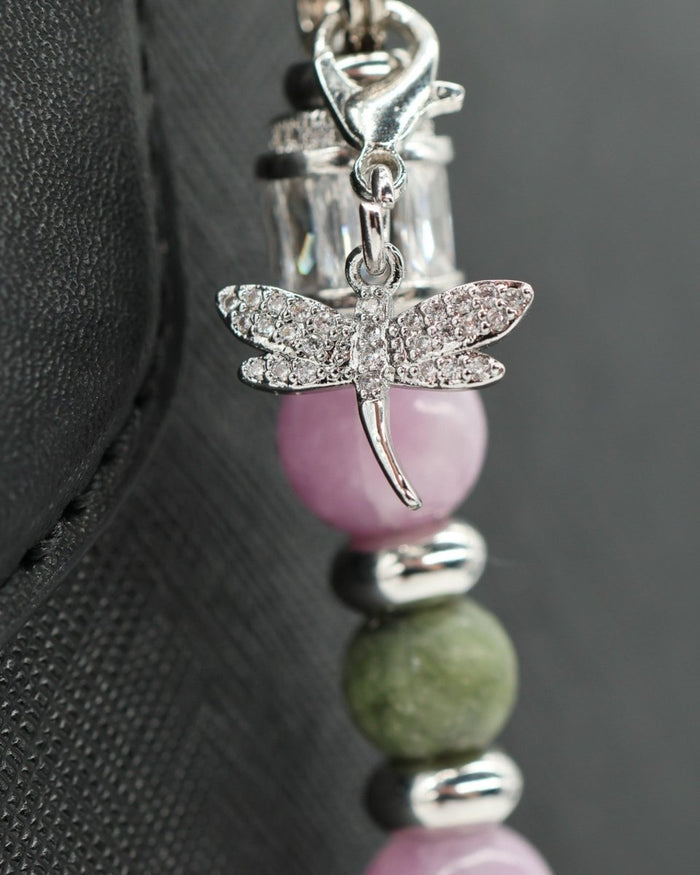 LD Keyfinder Dragonfly Magic charm bracelet with purple lepidolite, green jade, and rhinestone dragonfly.