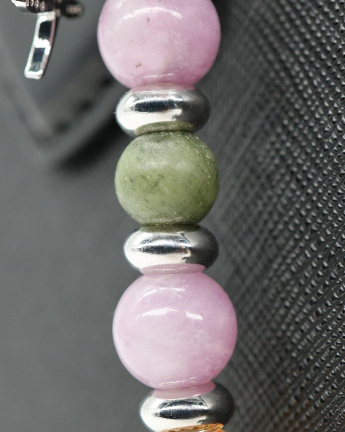 LD Keyfinder Dragonfly Magic bracelet with purple lepidolite, green jade, and faceted orange glass beads, and a rhinestone dragonfly charm.