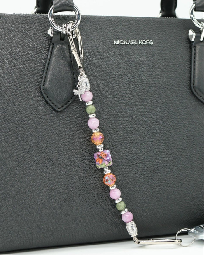 LD Keyfinder Dragonfly Magic charm with purple lepidolite, green jade, orange glass beads, and rhinestone dragonfly.